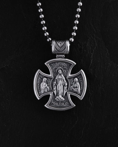 Silver cross JESUS CHRIST. SAINT MARY, PRAY FOR US