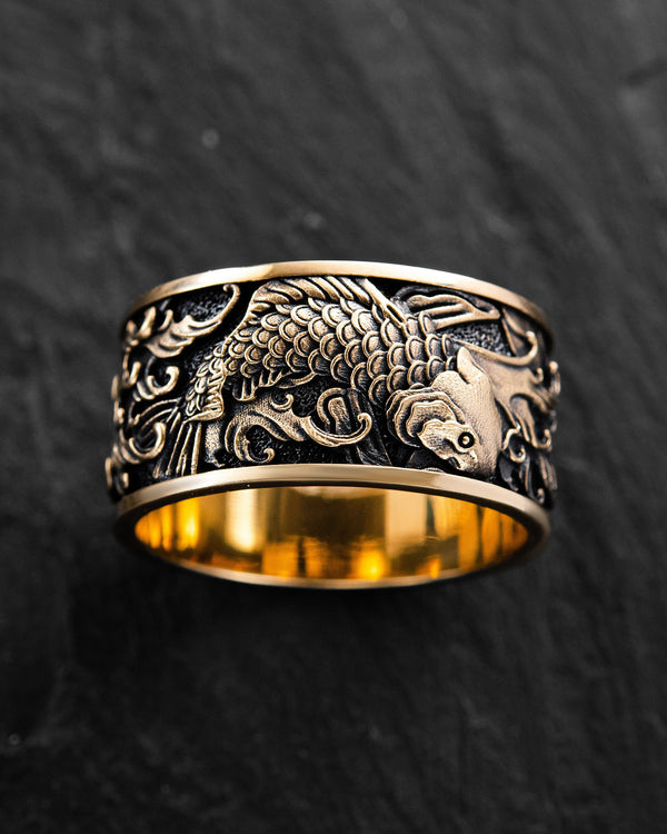 Bague CARPES KOI JAPONAISES ET VAGUES (or jaune 14 carats)