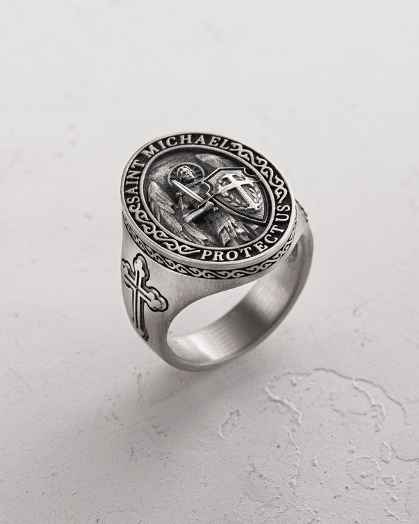 Silver ring SAINT MICHAEL PROTECT US