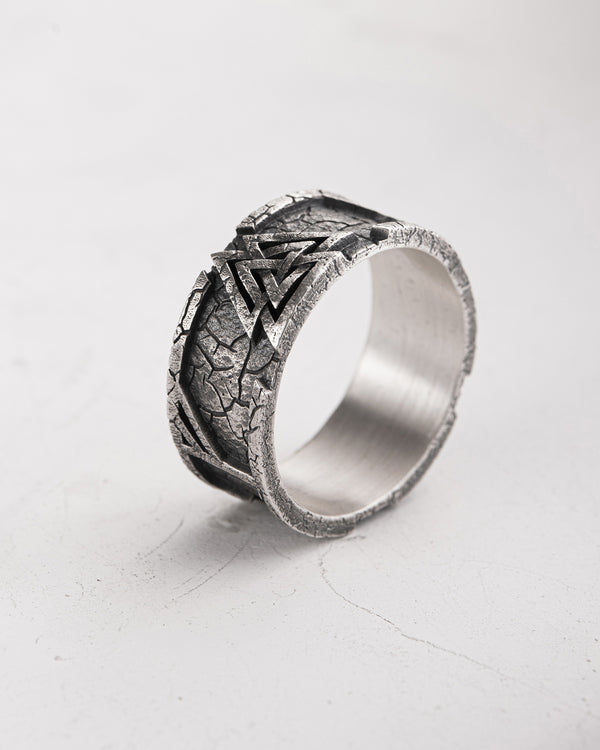 Silver ring VALKNUT. RUNES